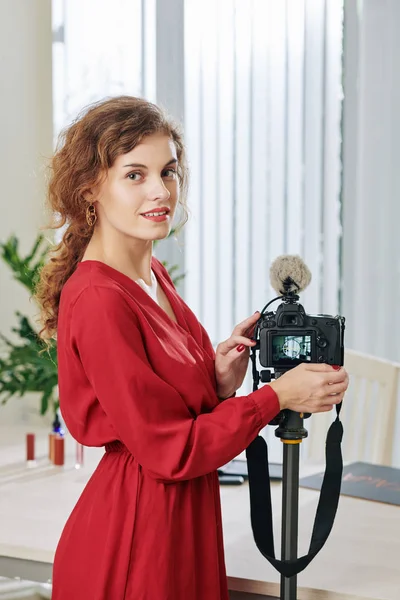 Portrait Young Smiling Blogger Red Dress Posing Digital Camera Her — 스톡 사진