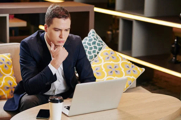 Pensive Frowning Young Businessman Suit Reading Mail Screen His Laptop — 스톡 사진