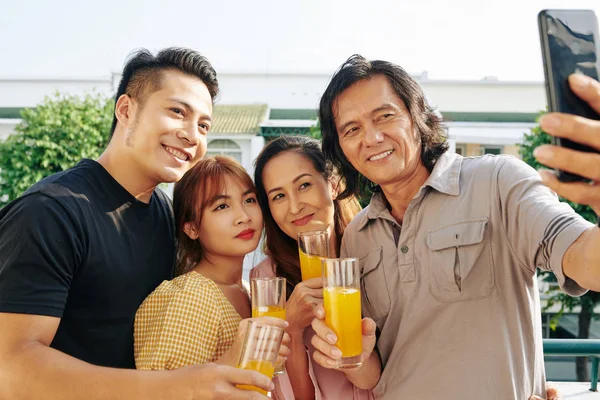 Cheerful Mature Asian Man Taking Selfie His Wife Adult Children — 스톡 사진