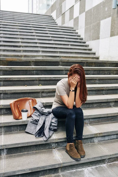 Female College Student Crying Failing Exam Sitting Alone Granite Steps — 스톡 사진