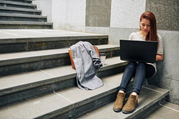 Serious Asian Female Student Reading Article Laptop Screen Doing Homework — Stock Photo, Image