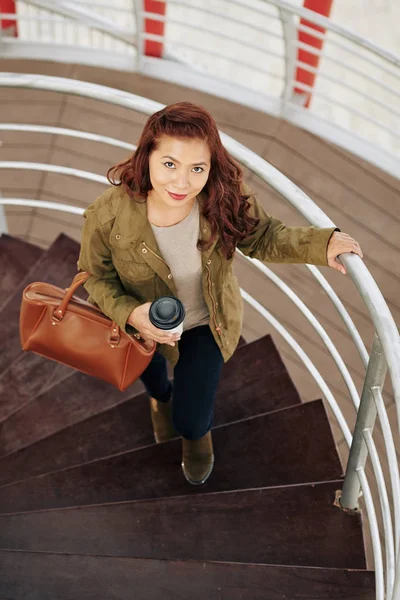 Positive Pretty Asian Woman Cup Coffee Walking Stairs Office Building — Stock Photo, Image