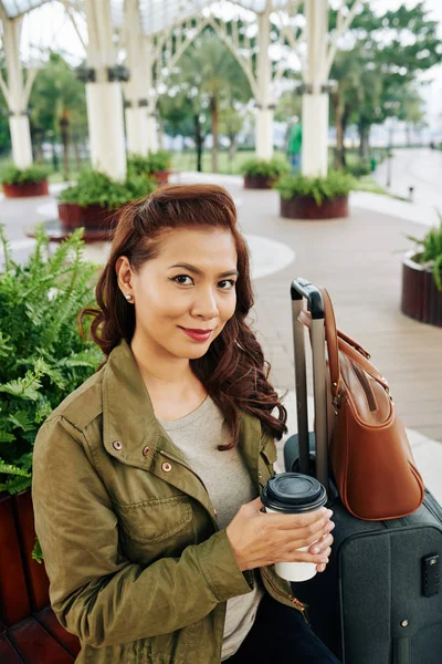 Positive Attractive Asian Woman Drinking Take Away Coffee Waiting Her — Stock Photo, Image