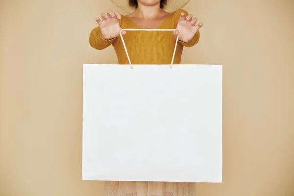 Cropped Image Woman Showing Big White Shopping Bag Any Inscriptions — 스톡 사진