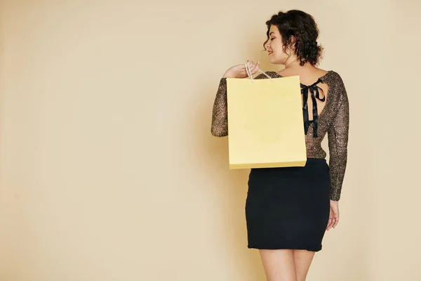 Smiling Pretty Young Woman Standing Small Yellow Paper Bag View — Stock Photo, Image