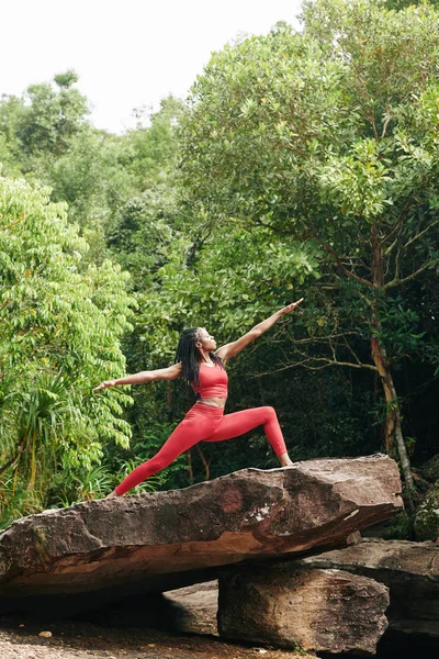 Young Slim Black Sportswoman Enjoying Practicing Yoga Big Rock Forest — Stock Photo, Image