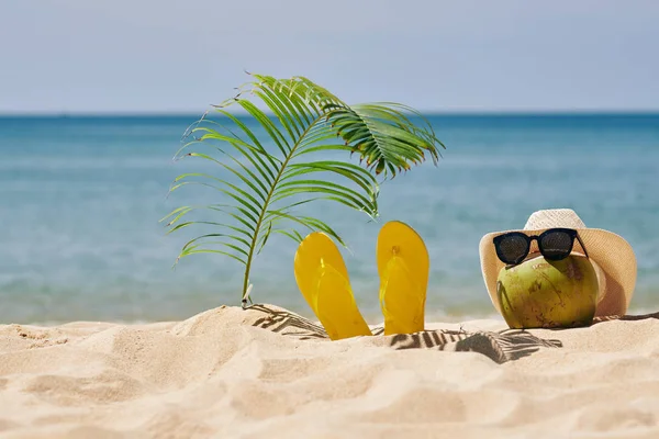 麦藁帽子とサングラスの緑のココナッツと砂浜のヤシの葉の下の明るい黄色のフリップフロップ — ストック写真