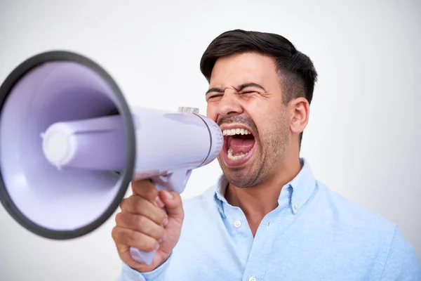 Young Man Closing Eyes Screaming Out Loud Megaphone Business Meeting — Stock Photo, Image