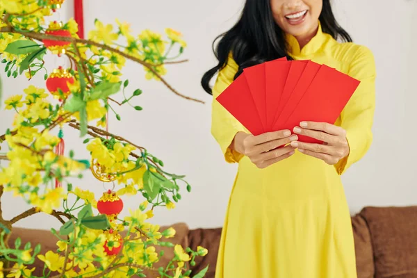 Imagem Cortada Jovem Mostrando Envelopes Que Ela Presenteando Para Ano — Fotografia de Stock
