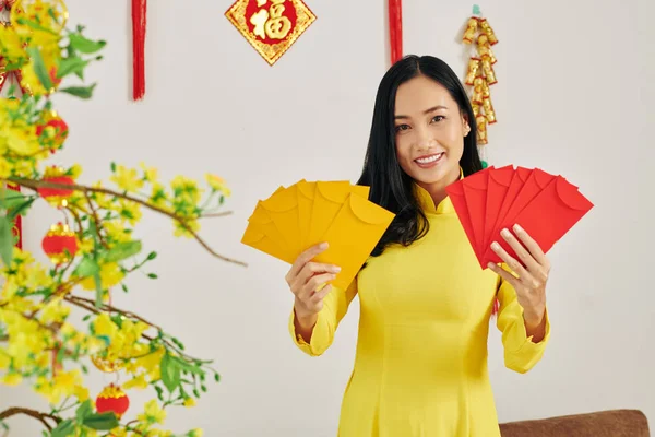 Beautiful Young Woman Holding Colorful Lucky Money Envelopes She Prepared — Stock Photo, Image