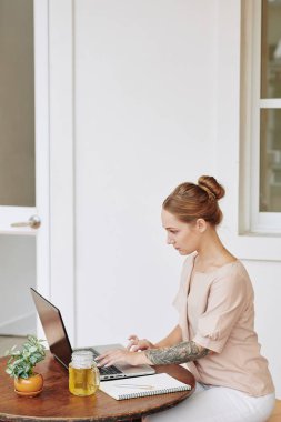 Evde küçük bir masada oturan ve dizüstü bilgisayar üzerinde çalışan konsantre genç bayan serbest yazar.