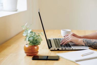 Serbest çalışan genç bir kadının elleri evdeki tahta masada oturuyor ve dizüstü bilgisayarla çalışıyor.