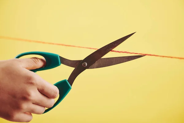 Hand Person Cutting Thin Wool Red Thread Sharp Scissors — 스톡 사진