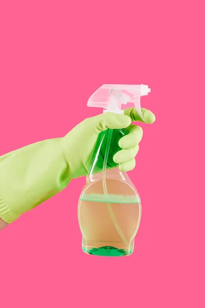 Gloved Hand Holding Plastic Bottle Windwow Spray — Stock Photo, Image