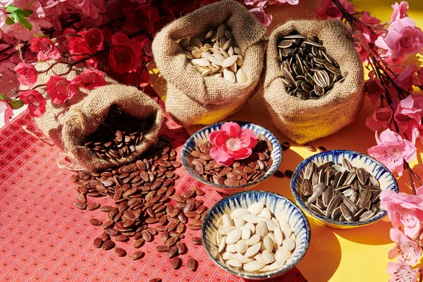 Sacks Bowls Watermelon Pumpkin Sunflowers Seeds Prepared Spring Festival — Stock Photo, Image