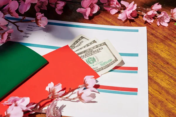 Plane Tickets Money Red Envelopes Passport Table Decorated Blooming Peach — 스톡 사진