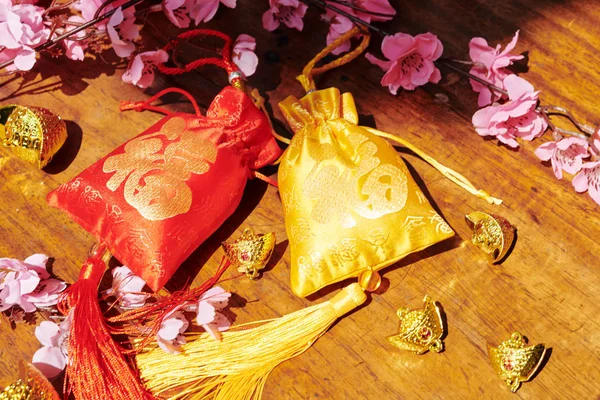 Red Golden Fabric Bags Embroidered Best Wishes Inscription Lunar New — 스톡 사진