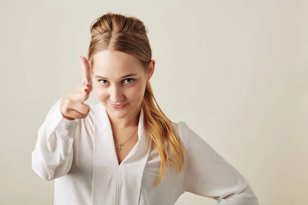 Smiling Young Business Lady Making Hand Gun Gesture Looking Camera — Stock Photo, Image