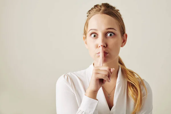 Young Business Lady Making Silence Gesture Looking Camera — Stock Photo, Image