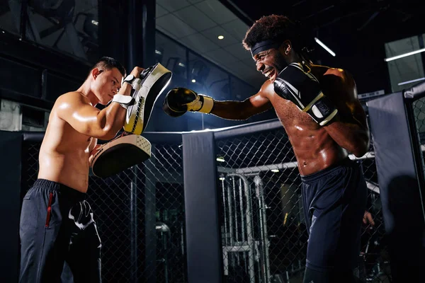 Tiro Horizontal Hombre Asiático Concentrado Ayudando Colega Con Entrenamiento Boxeo — Foto de Stock