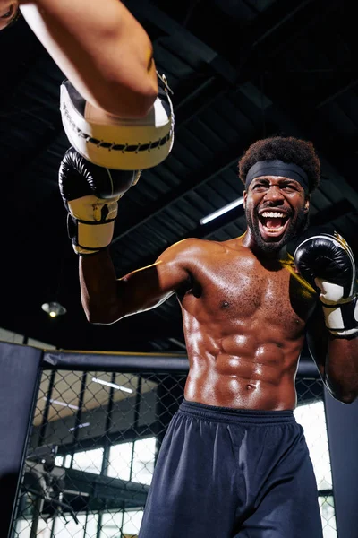 Professional Male Boxer Defined Body Sparring His Unrecognizable Trainer Ring — Stock fotografie