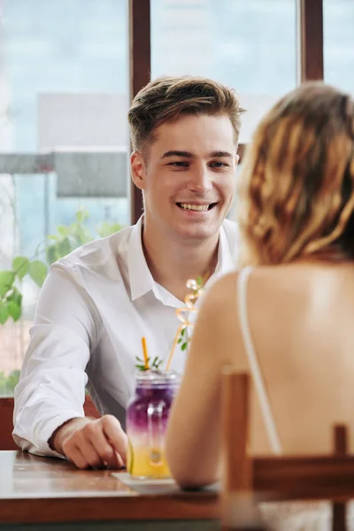 Happy Caucasian Guy Sitting Cafe Front Unrecognizable Girl Smiling Vertical — Stock Photo, Image