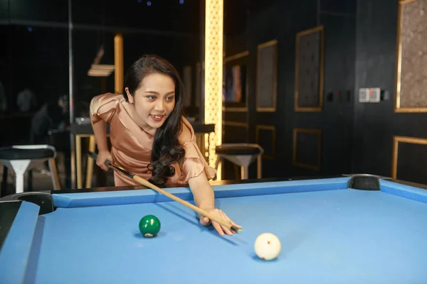 Horizontal Shot Cheerful Young Asian Woman Entertaining Herself Playing Billiard — Stock Photo, Image