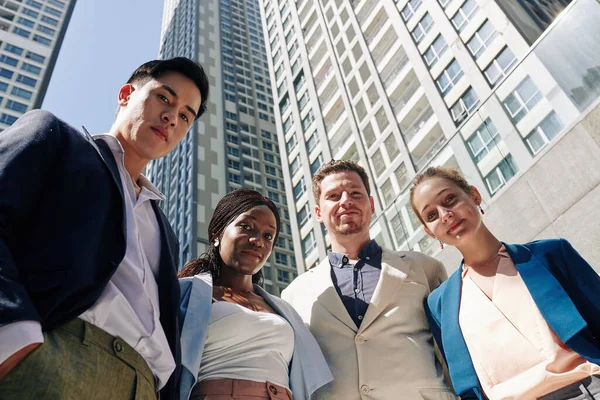 Smiling Multi Ethnic Business Team Standing Street City Centre Looking —  Fotos de Stock