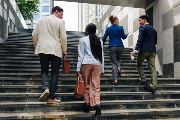 Business People Walking Stairs Going Work Morning View Back — Stock Photo, Image
