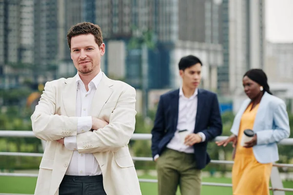 Handsome Young Successful Confident Entrepreneur Standing Arms Folded Looking Camera — Stock Photo, Image