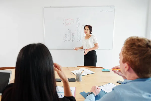 Imprenditrice Donna Discutere Grafico Vendita Con Suoi Colleghi Alla Riunione — Foto Stock