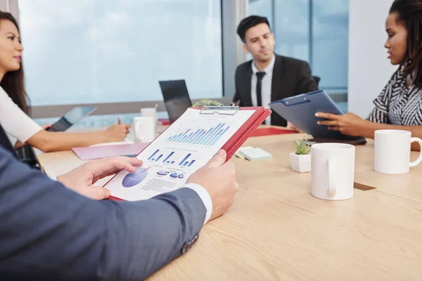 Business Team Gathered Big Table Discuss Charts Diagrams Financial Data — Stock Photo, Image