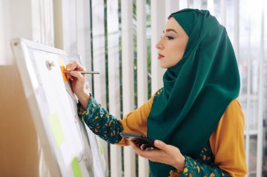 Ofisteki beyaz tahtaya çizim yaparken tesettürdeki kadın pazarlama yöneticisi akıllı telefonu elinde tutuyor