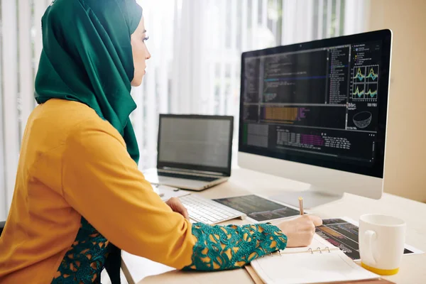 Mladá Žena Hidžábu Kontrolní Kód Dělat Poznámky Plánovači — Stock fotografie