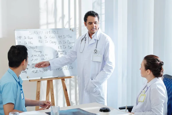 严重成熟的印度全科医生在白板上向同事展示手术时间表 — 图库照片