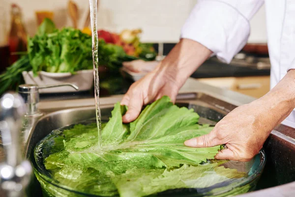 Tangan Orang Mencuci Selada Dalam Mangkuk Besar Dengan Air Wastafel — Stok Foto