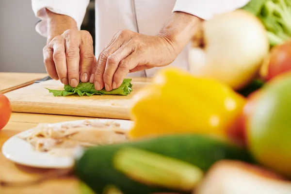 Imagen Primer Plano Del Hombre Mayor Haciendo Deliciosos Rollos Lechuga —  Fotos de Stock