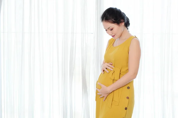 站在窗前笑美丽的年轻孕妇摸着肚子 — 图库照片