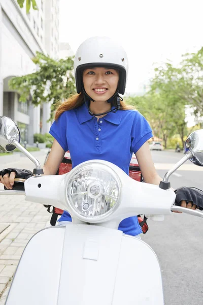 Portrait Lovely Young Asian Delivery Woman Helmet Riding Scooter Another — Stock Photo, Image