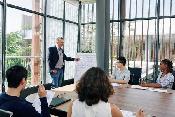 Empresário Sorridente Realizando Treinamento Para Empreendedores Explicando Curso Mostrando Informações — Fotografia de Stock