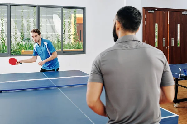 Young Men Sports Clothing Enjoying Playing Table Tennis Office Lounge — Stock Photo, Image
