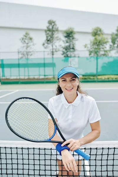 Portrait Happy Young Female Tennis Player Posing Racket Smiling Camera — Stock Photo, Image