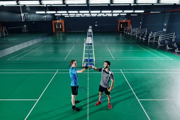 Positive Professional Badminton Players Shaking Hands Calling Let — Stock Photo, Image