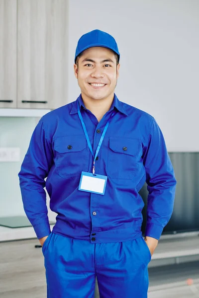 Portrait Confident Smiling Vietnamese Worker Blue Uniform Cap Smiling Camera — Stock Photo, Image