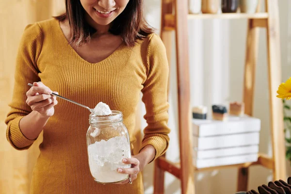 Smiling Young Woman Taking Spoon Soda Lye Glass Jar Making — Stock Photo, Image