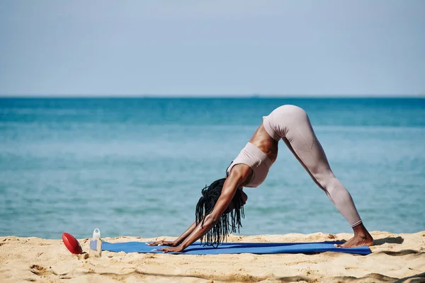 Fit Young Woman Standing Downward Facing Dog Rest Difficult Asana — Stock Photo, Image