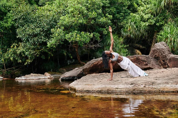 Muscular Strong Young Sportswoman Standing Plank Position Small Forest Lake — Stock Photo, Image