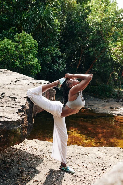 Flexible Woman Doing Advanced Yoga Backbend Standing Rock Forest — Stock Photo, Image