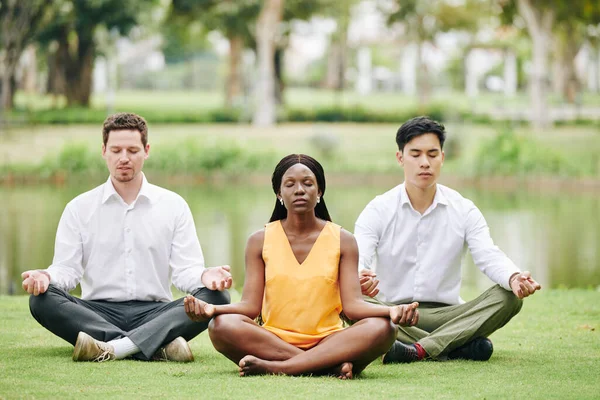 Group Young Business People Meditating Lotus Position Loan City Park — Stock Photo, Image