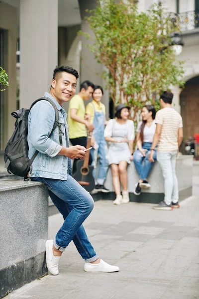 Handsome Asian University Student Standing University Campus Texting Friends — Stock Photo, Image